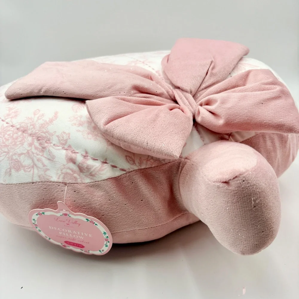 Loire Valley Maison Pink Floral Toile Pumpkin Decorative Pillow Velvet Bow NEW